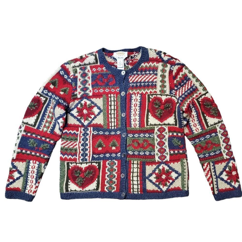 Talbots Petite Hand Knit Heart Grandma Cardigan Sweater Hearts Coat Size Small